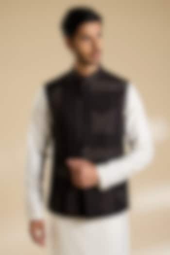 Black Raw Silk Kantha Embroidered Bundi Jacket by Divyam Mehta Men