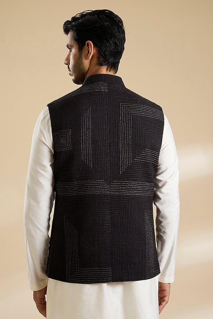 Black Raw Silk Kantha Embroidered Bundi Jacket by Divyam Mehta Men at Pernia's Pop Up Shop