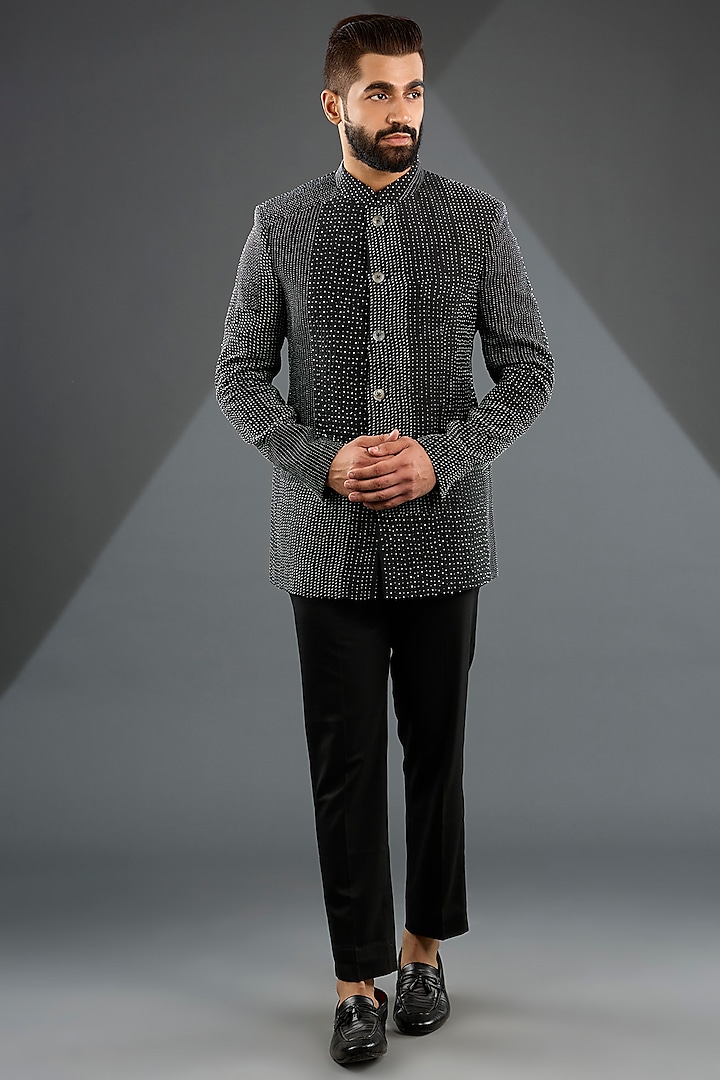 Black Raw Silk Embroidered Bandhgala Set by Divyam Mehta Men