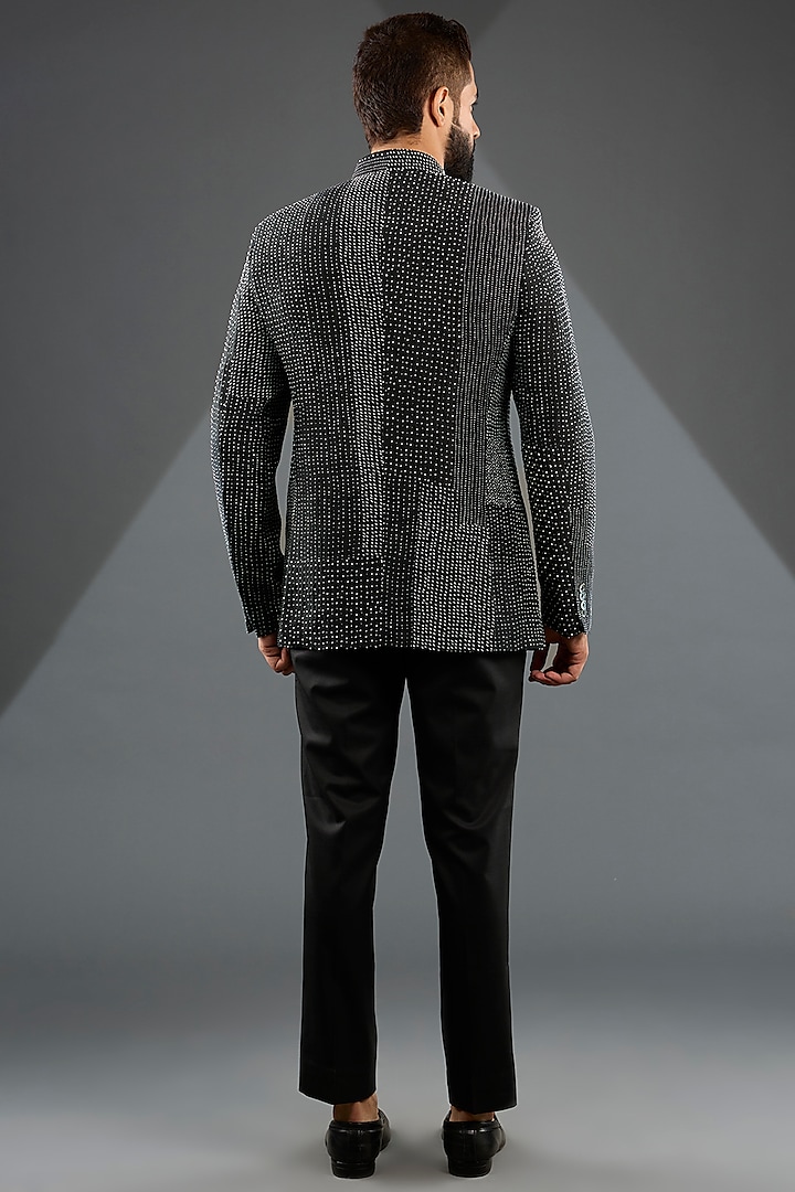 Black Raw Silk Embroidered Groom Bandhgala Set by Divyam Mehta Men at Pernia's Pop Up Shop
