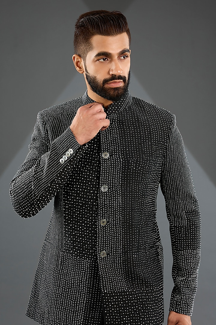 Black Raw Silk Embroidered Groom Bandhgala Set by Divyam Mehta Men at Pernia's Pop Up Shop