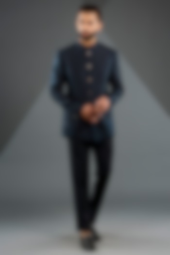 Space Blue Raw Silk Embroidered Bandhgala Set by Divyam Mehta Men