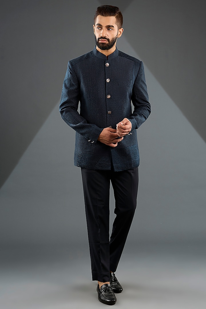 Space Blue Raw Silk Embroidered Bandhgala Set by Divyam Mehta Men