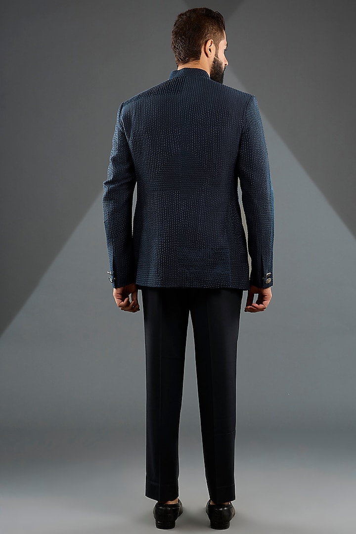 Space Blue Raw Silk Embroidered Groom Bandhgala Set by Divyam Mehta Men at Pernia's Pop Up Shop