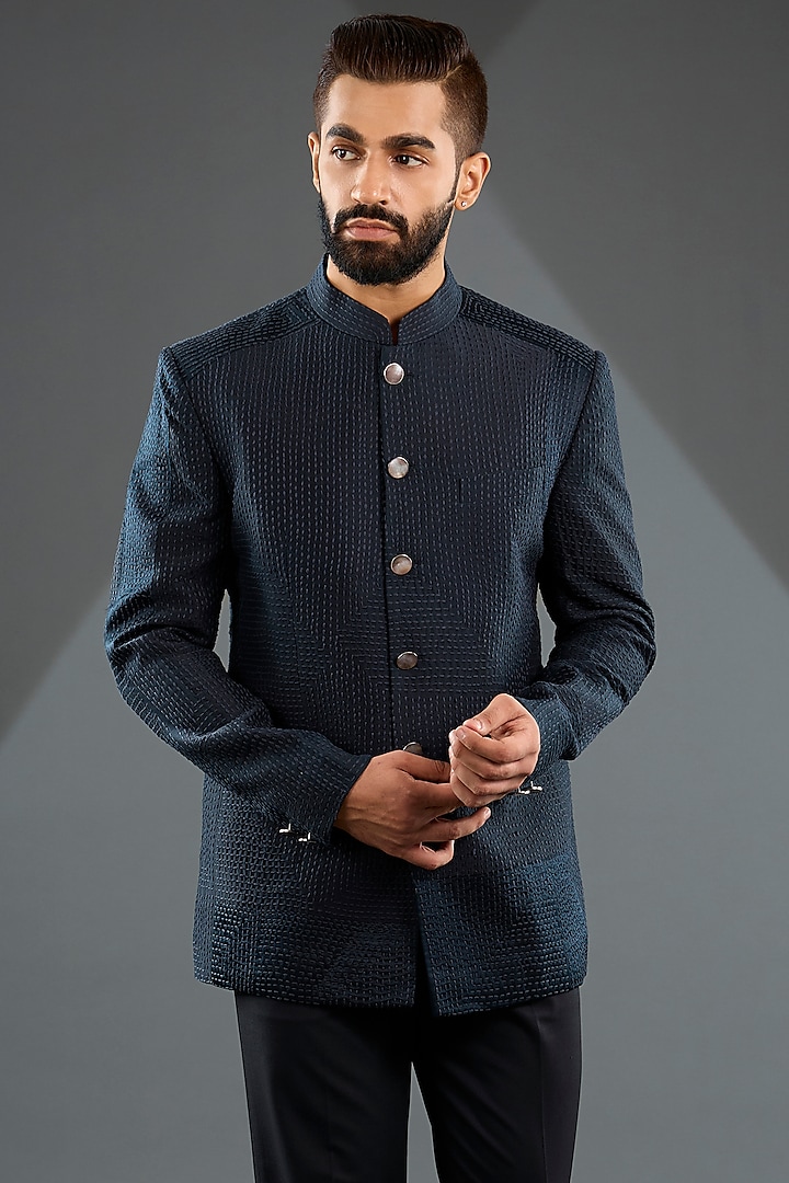 Space Blue Raw Silk Embroidered Groom Bandhgala Set by Divyam Mehta Men at Pernia's Pop Up Shop
