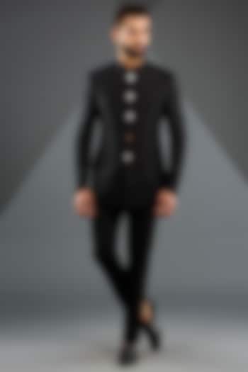 Black Raw Silk Bandhgala Set by Divyam Mehta Men
