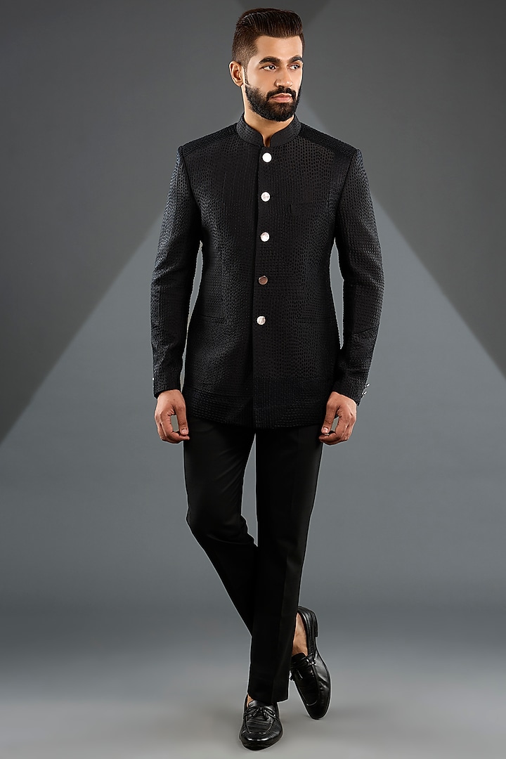 Black Raw Silk Bandhgala Set by Divyam Mehta Men