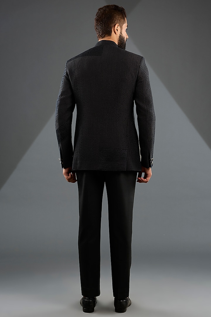 Black Raw Silk Groom Bandhgala Set by Divyam Mehta Men at Pernia's Pop Up Shop