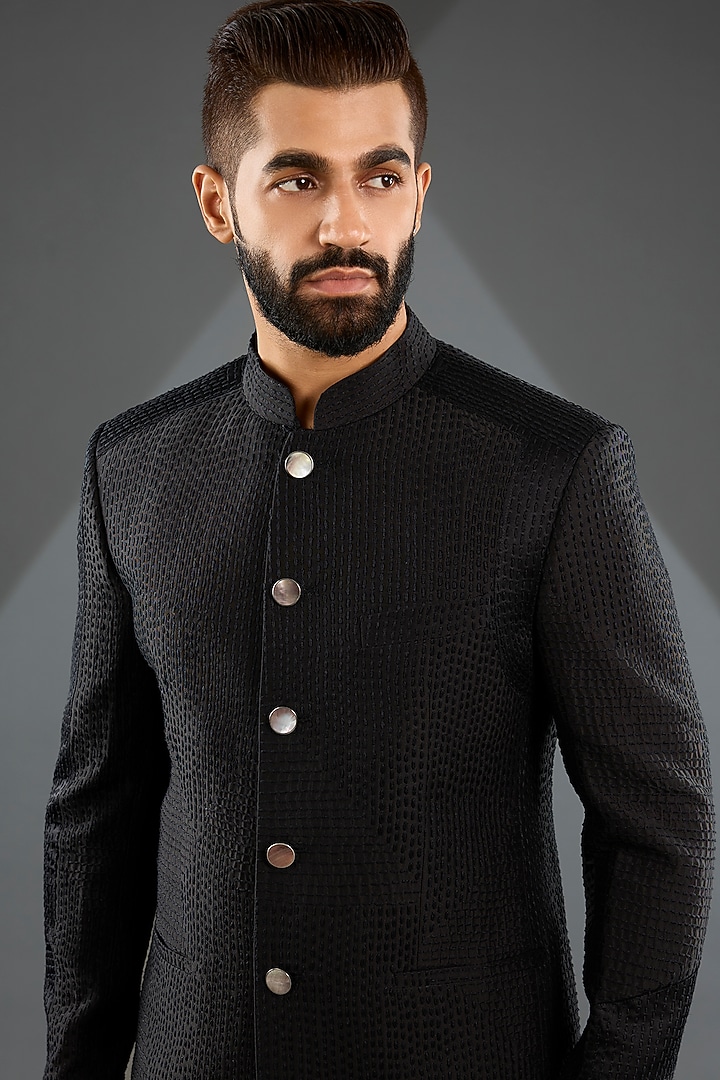 Black Raw Silk Groom Bandhgala Set by Divyam Mehta Men at Pernia's Pop Up Shop