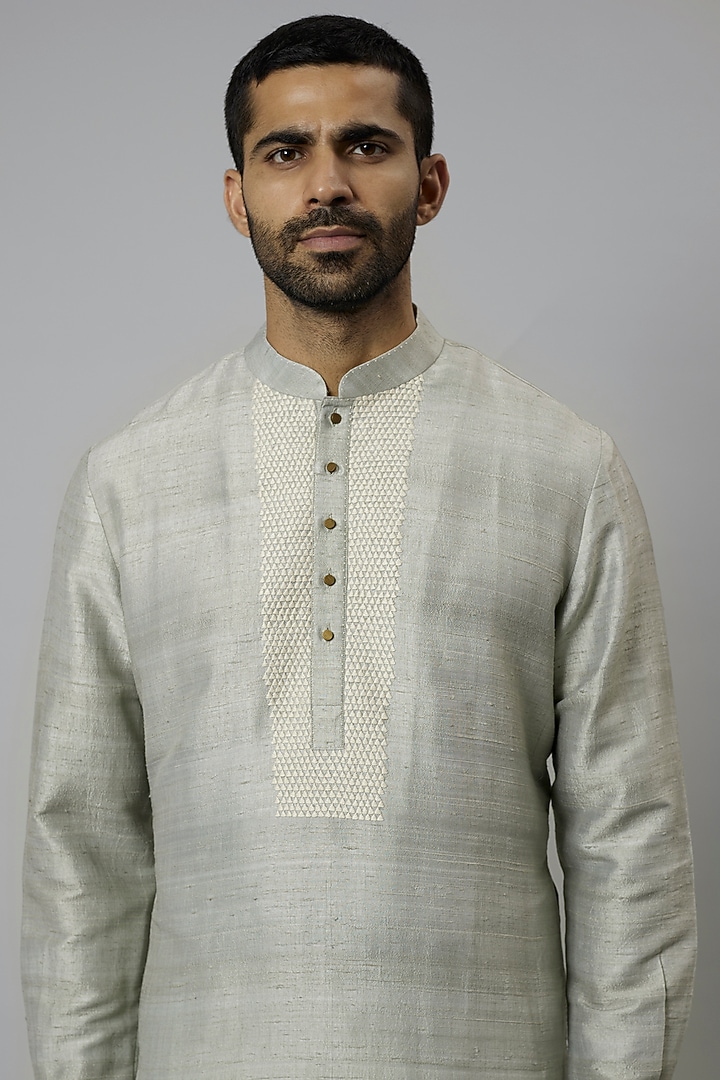 Mint Raw Silk & Katan Silk Embroidered Kurta Set by Divyam Mehta Men at Pernia's Pop Up Shop