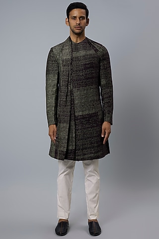 Space Blue Raw Silk & Katan Silk Draped Kurta Set by Divyam Mehta Men