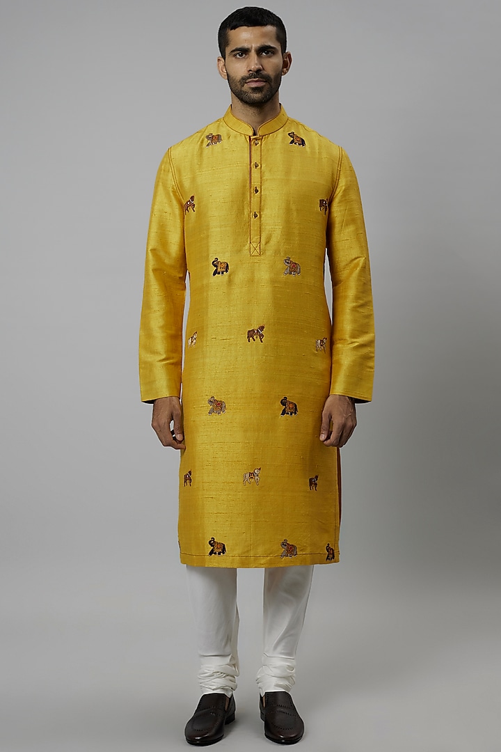 Haldi Yellow Raw Silk & Katan Silk Embroidered Kurta Set by Divyam Mehta Men