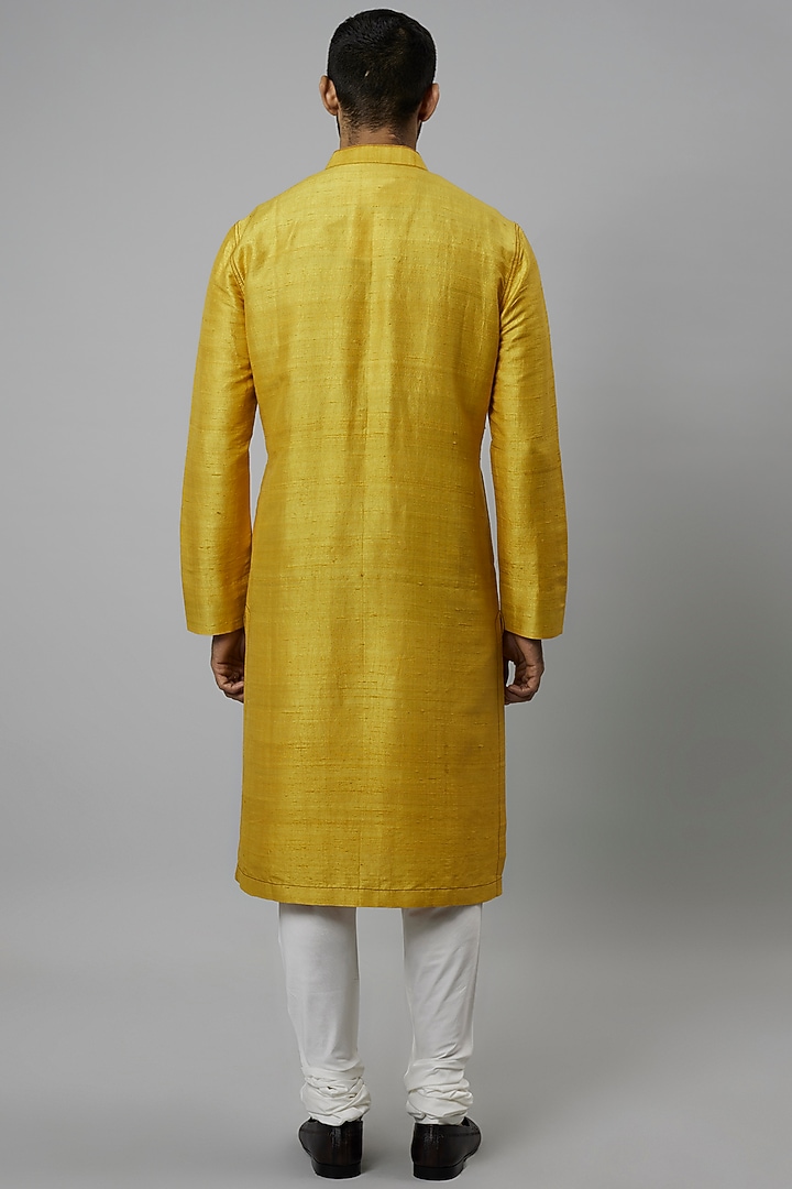 Haldi Yellow Raw Silk & Katan Silk Embroidered Kurta Set by Divyam Mehta Men at Pernia's Pop Up Shop