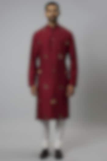 Crimson Red Raw Silk & Katan Silk Embroidered Kurta Set by Divyam Mehta Men