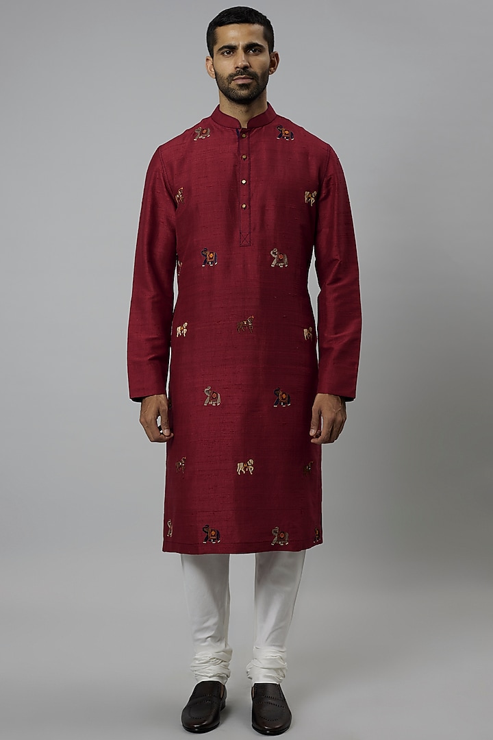 Crimson Red Raw Silk & Katan Silk Embroidered Kurta Set by Divyam Mehta Men