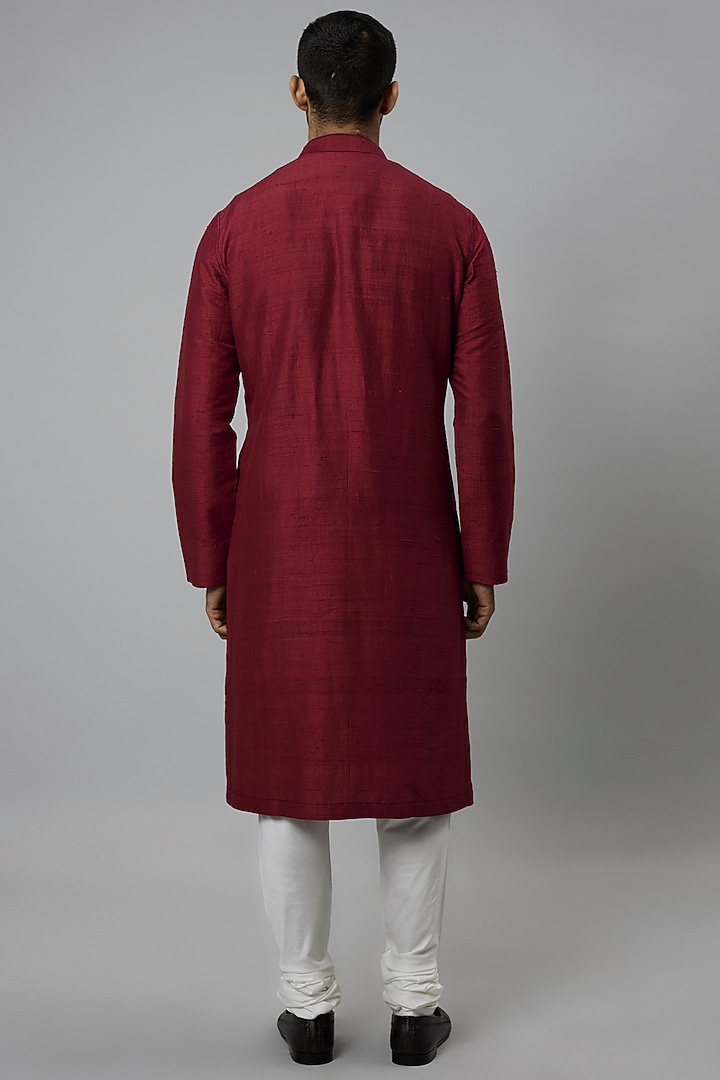 Crimson Red Raw Silk & Katan Silk Embroidered Kurta Set by Divyam Mehta Men at Pernia's Pop Up Shop