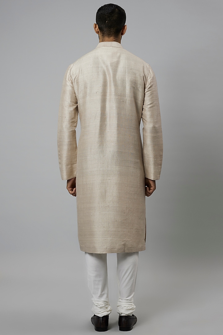 Beige Raw Silk & Katan Silk Embroidered Kurta Set by Divyam Mehta Men at Pernia's Pop Up Shop