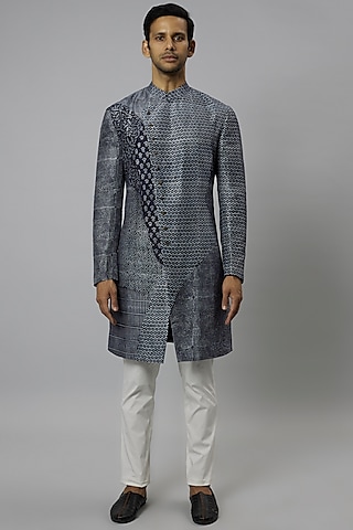 Space Blue Raw Silk & Stretch Cotton Printed Kurta Set by Divyam Mehta Men