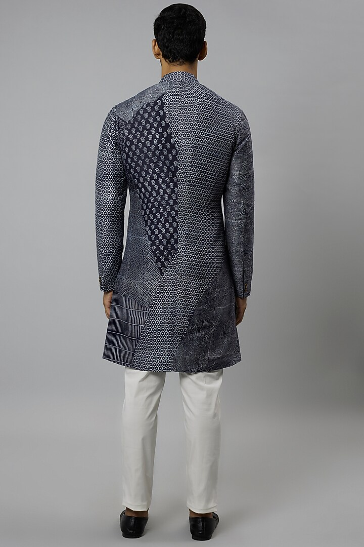 Space Blue Raw Silk & Stretch Cotton Printed Kurta Set by Divyam Mehta Men at Pernia's Pop Up Shop
