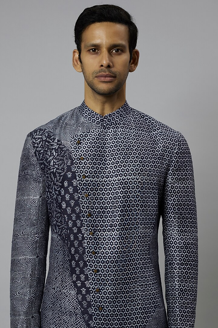 Space Blue Raw Silk & Stretch Cotton Printed Kurta Set by Divyam Mehta Men at Pernia's Pop Up Shop