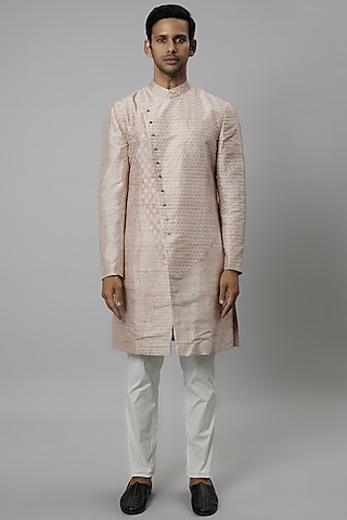 Pink Raw Silk & Stretch Cotton Printed Kurta Set by Divyam Mehta Men