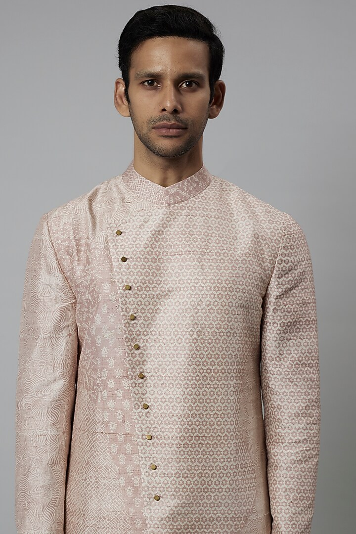 Pink Raw Silk & Stretch Cotton Printed Kurta Set by Divyam Mehta Men at Pernia's Pop Up Shop