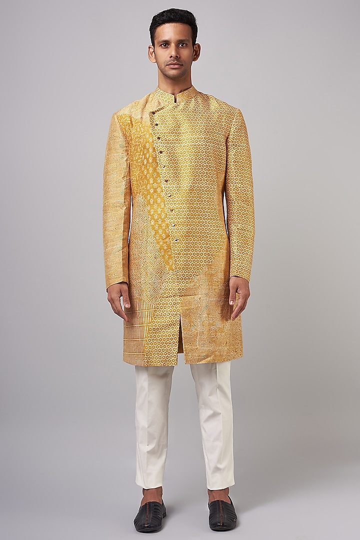 Yellow Raw Silk & Stretch Cotton Printed Kurta Set by Divyam Mehta Men