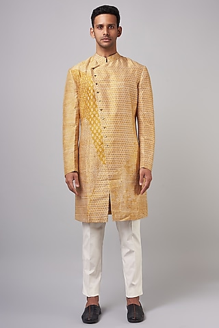 Yellow Raw Silk & Stretch Cotton Printed Kurta Set by Divyam Mehta Men