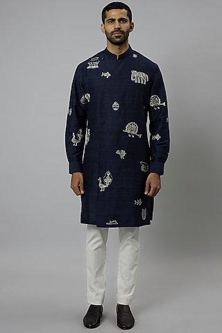 Space Blue Raw Silk Hand Embroidered Kurta Set by Divyam Mehta Men