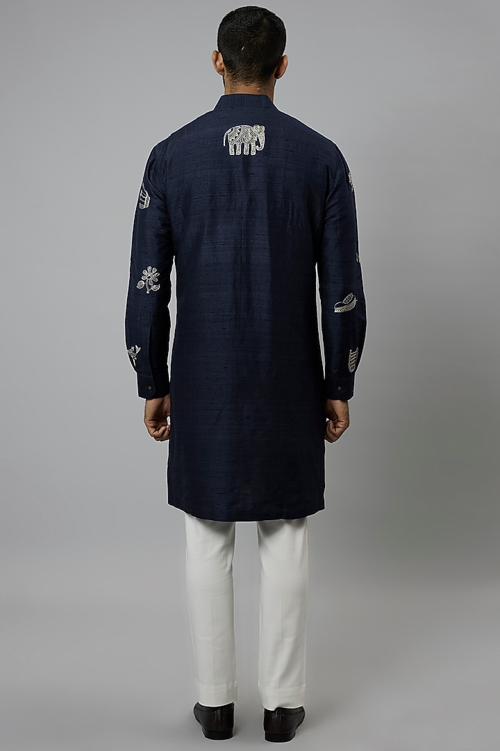 Space Blue Raw Silk Hand Embroidered Kurta Set by Divyam Mehta Men at Pernia's Pop Up Shop