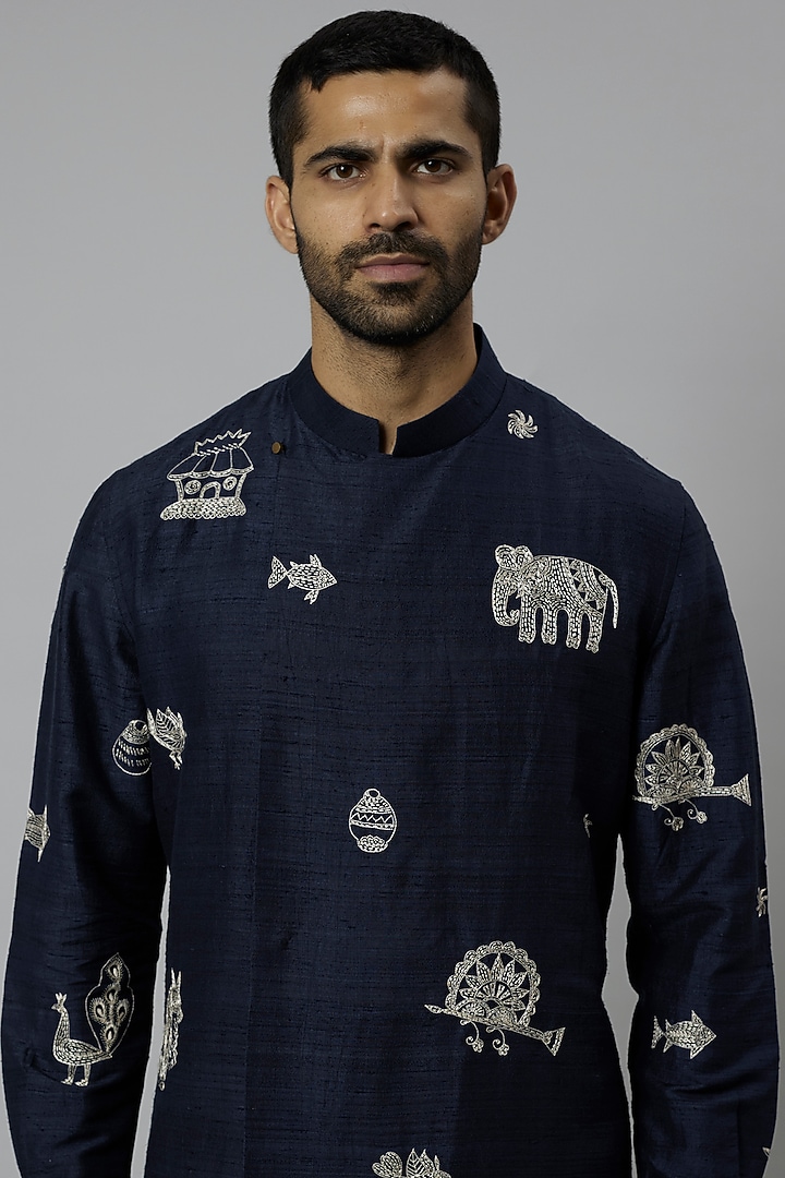 Space Blue Raw Silk Hand Embroidered Kurta Set by Divyam Mehta Men at Pernia's Pop Up Shop