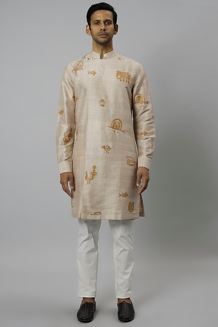 Beige Raw Silk Hand Embroidered Kurta Set by Divyam Mehta Men