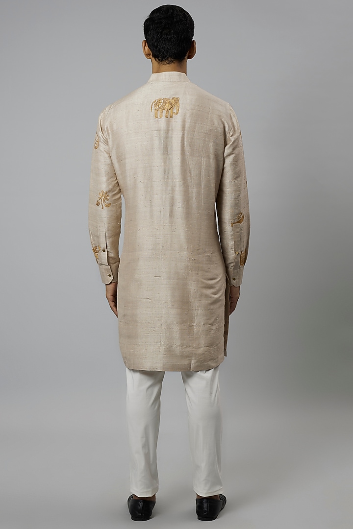 Beige Raw Silk Hand Embroidered Kurta Set by Divyam Mehta Men at Pernia's Pop Up Shop