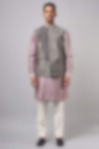 Purple Raw Silk Printed Bundi Jacket Set by Divyam Mehta Men