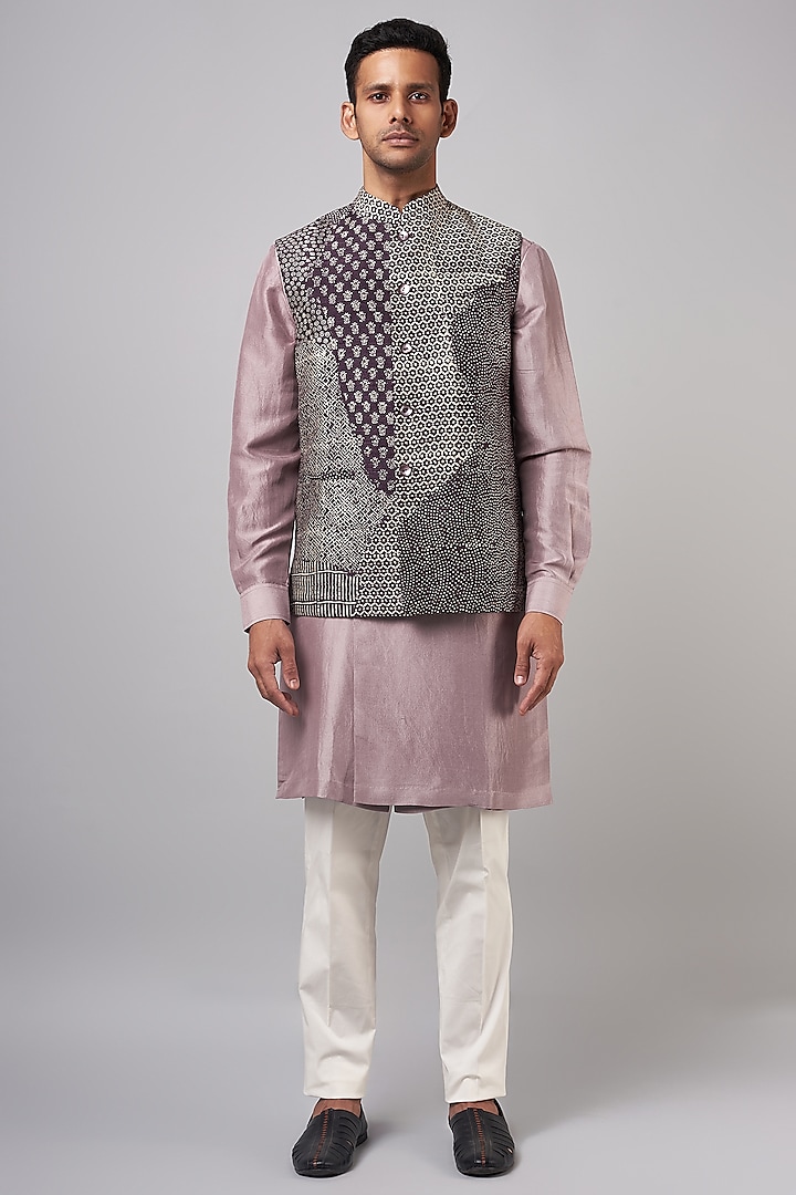 Purple Raw Silk Printed Bundi Jacket Set by Divyam Mehta Men