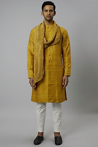 Haldi Yellow Raw Silk Kurta Set by Divyam Mehta Men
