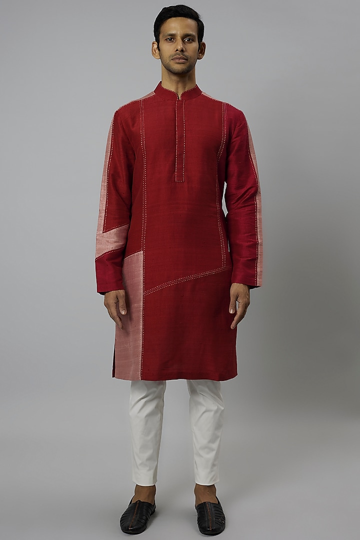 Red Raw Silk & Katan Silk Color Blocked Kurta Set by Divyam Mehta Men