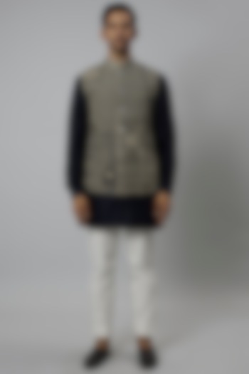 Navy Raw Silk Bundi Jacket Set by Divyam Mehta Men at Pernia's Pop Up Shop