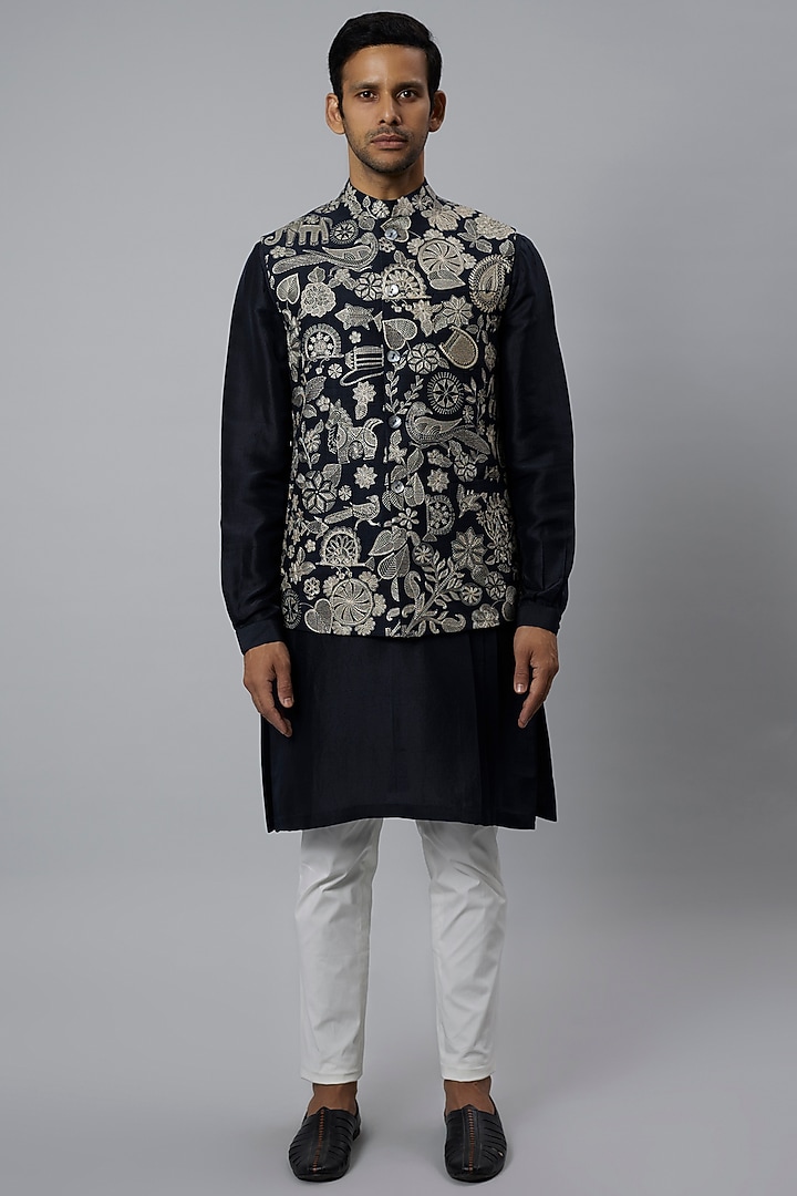 Space Blue Raw Silk Embroidered Bundi Jacket Set by Divyam Mehta Men at Pernia's Pop Up Shop