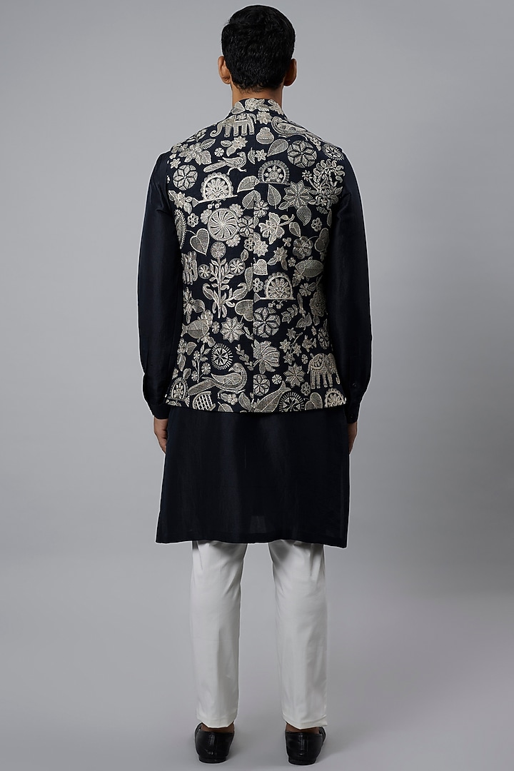 Space Blue Raw Silk Embroidered Bundi Jacket Set by Divyam Mehta Men at Pernia's Pop Up Shop