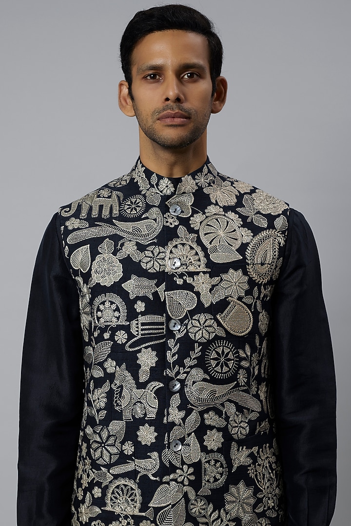 Space Blue Raw Silk Embroidered Bundi Jacket Set by Divyam Mehta Men at Pernia's Pop Up Shop