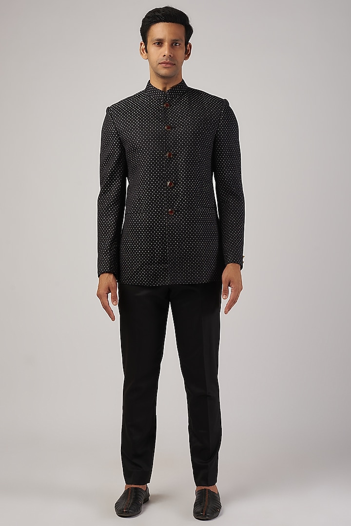 Black Silk Textured Bandhgala Set by Divyam Mehta Men