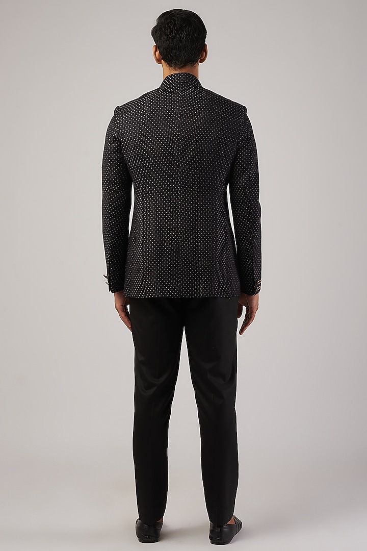 Black Silk Textured Wedding Bandhgala Set by Divyam Mehta Men at Pernia's Pop Up Shop