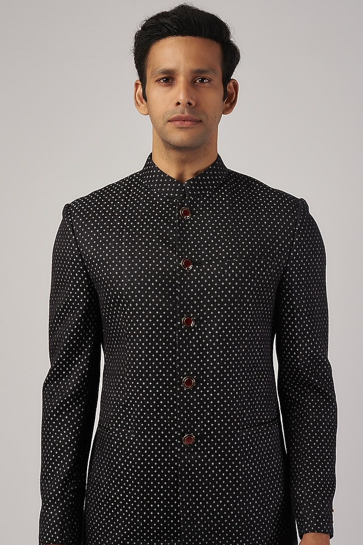 Black Silk Textured Wedding Bandhgala Set by Divyam Mehta Men at Pernia's Pop Up Shop