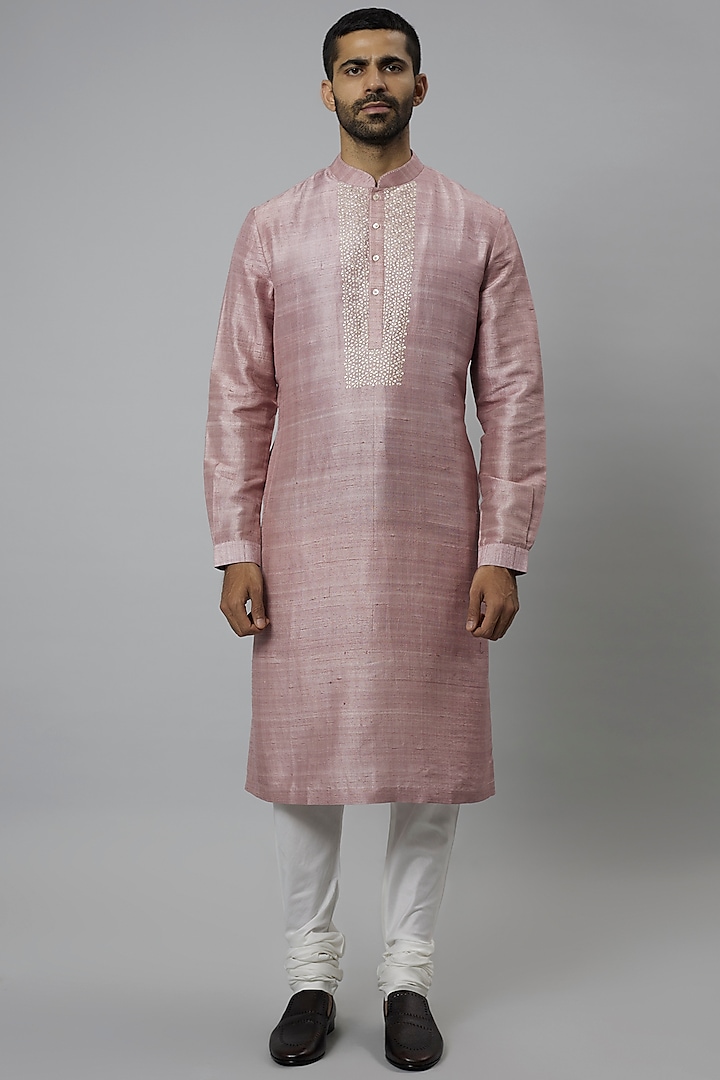 Antique Pink Raw Silk & Katan Silk Embroidered Kurta Set by Divyam Mehta Men at Pernia's Pop Up Shop