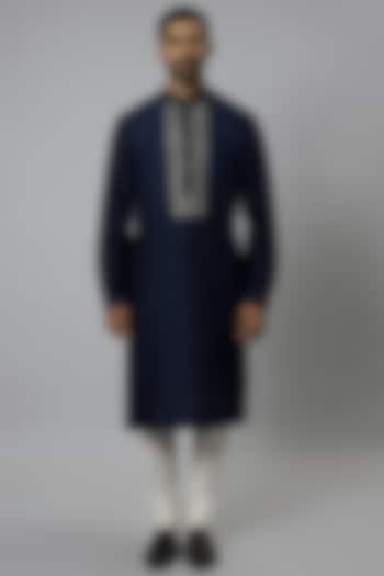 Space Blue Raw Silk & Katan Silk Embroidered Kurta Set by Divyam Mehta Men at Pernia's Pop Up Shop
