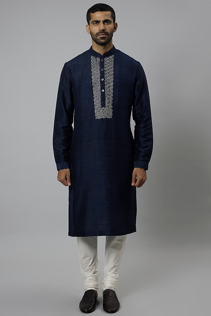 Space Blue Raw Silk & Katan Silk Embroidered Kurta Set by Divyam Mehta Men at Pernia's Pop Up Shop