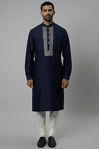 Space Blue Raw Silk & Katan Silk Embroidered Kurta Set by Divyam Mehta Men