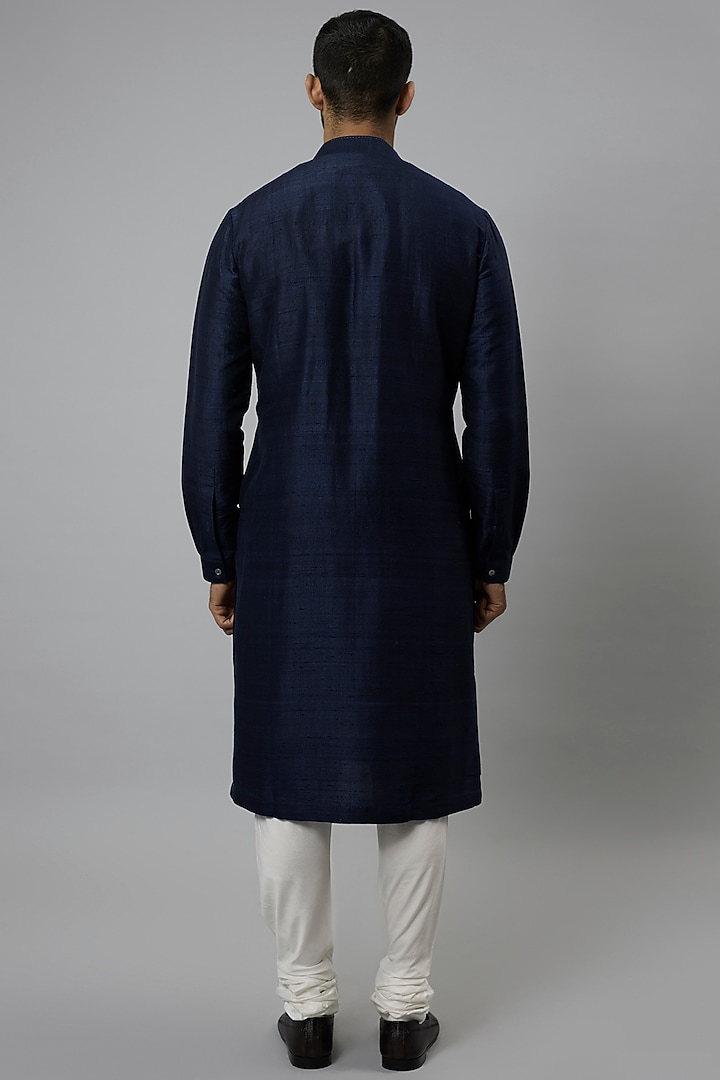 Space Blue Raw Silk & Katan Silk Embroidered Kurta Set by Divyam Mehta Men at Pernia's Pop Up Shop