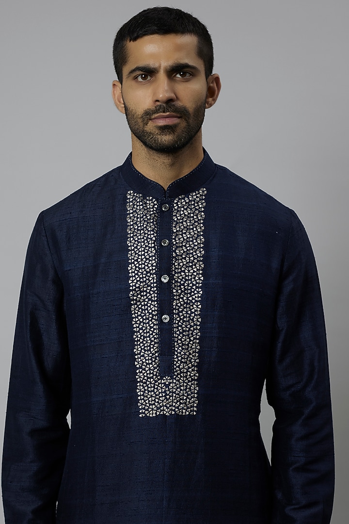Space Blue Raw Silk & Katan Silk Embroidered Kurta Set by Divyam Mehta Men at Pernia's Pop Up Shop
